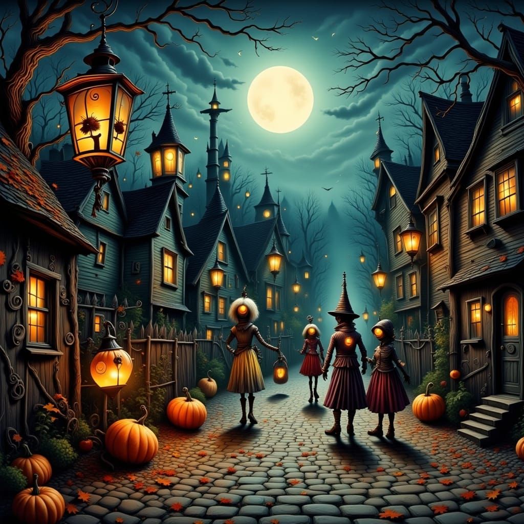 Spooky Creatures Trick-or-Treating on Halloween Night