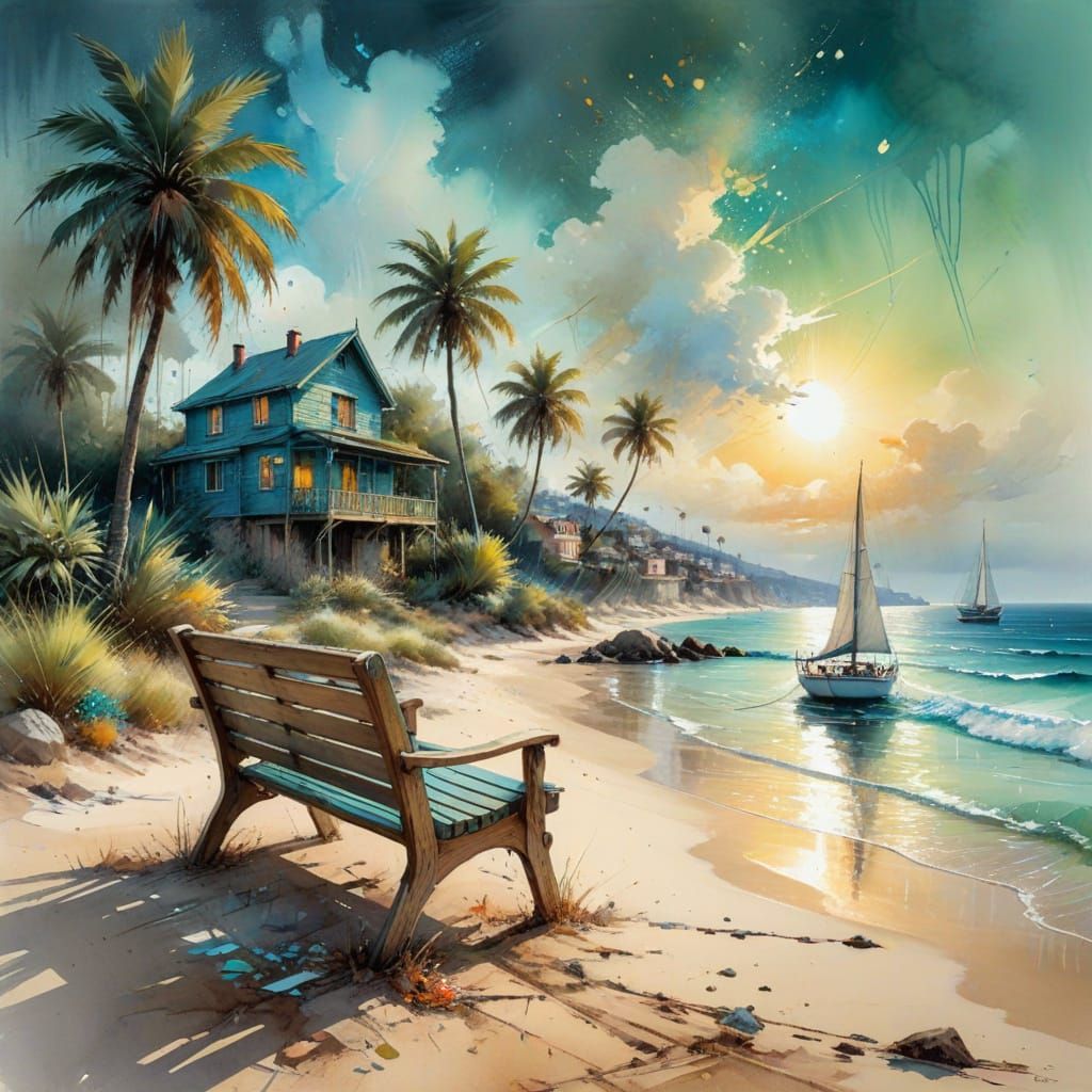 Pastoral Beach Scene with Sailboats in Impressionist Style