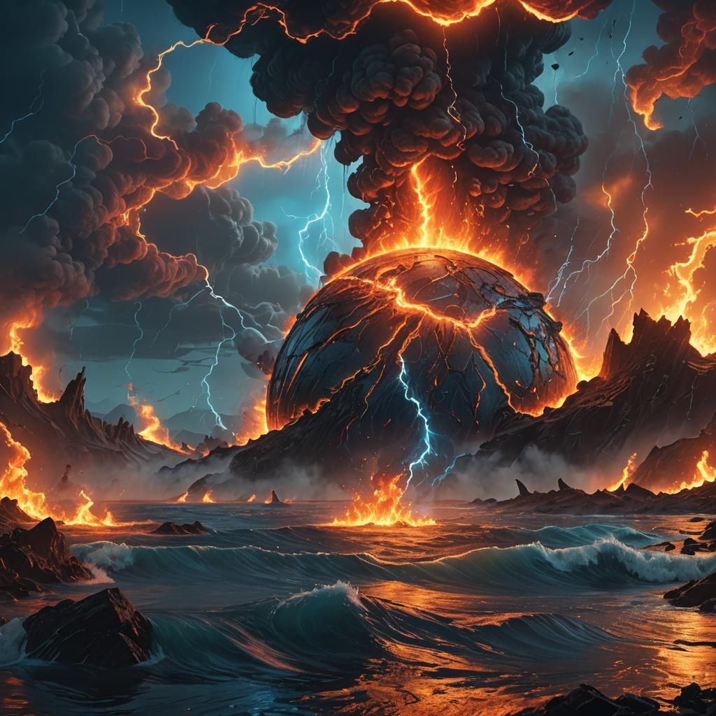 Flaming Planet Surrounded by Water: Fantasy Concept Art