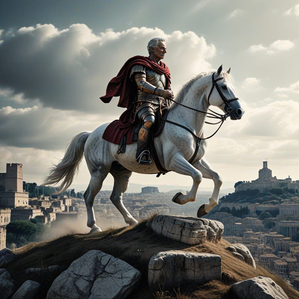 Julius Caesar Overlooking Imperial Rome in Pen and Ink Style