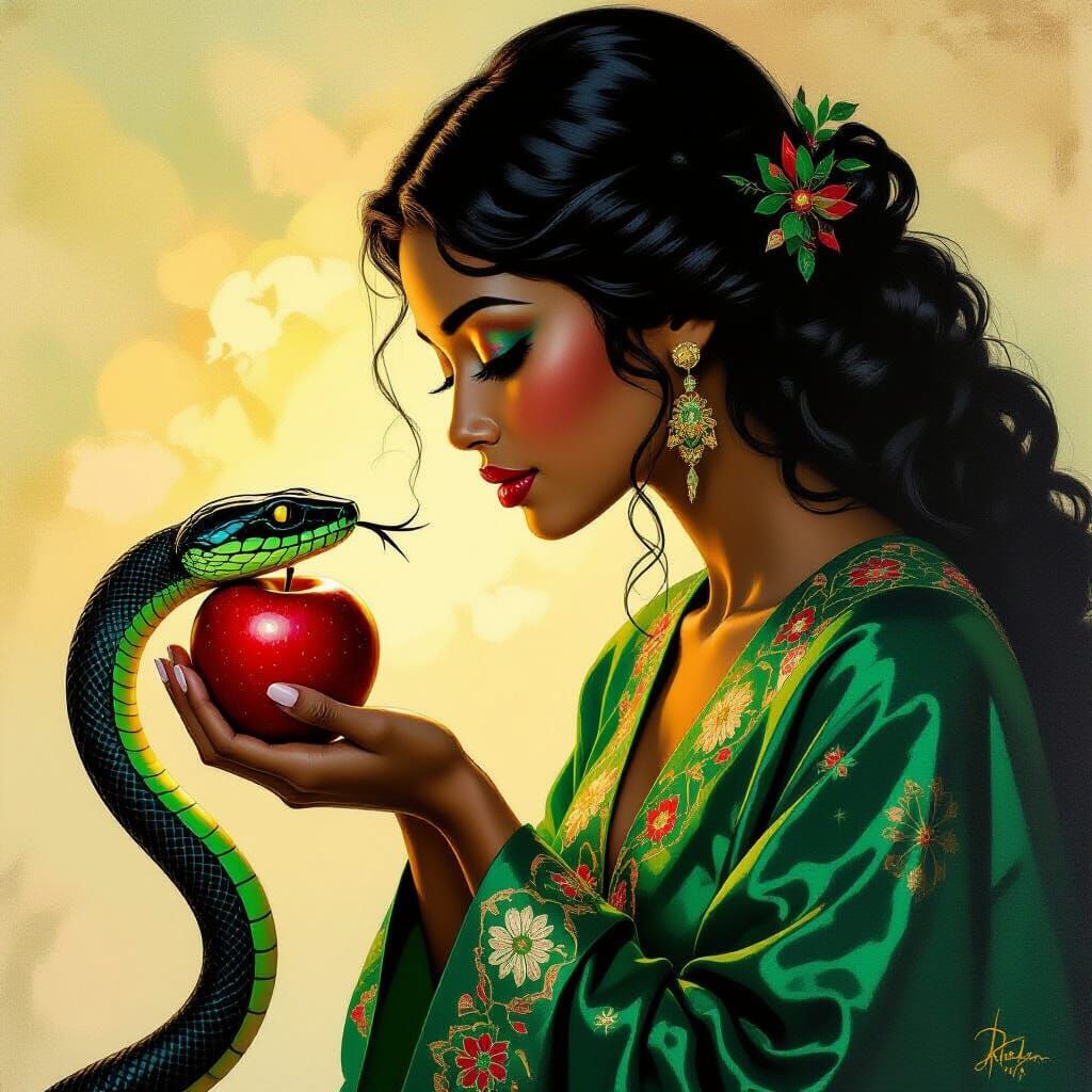 Dark-Skinned Woman Offers Apple to Serpent in Abstract Style