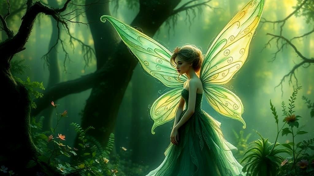 Ethereal Green and White Fairy Illustration