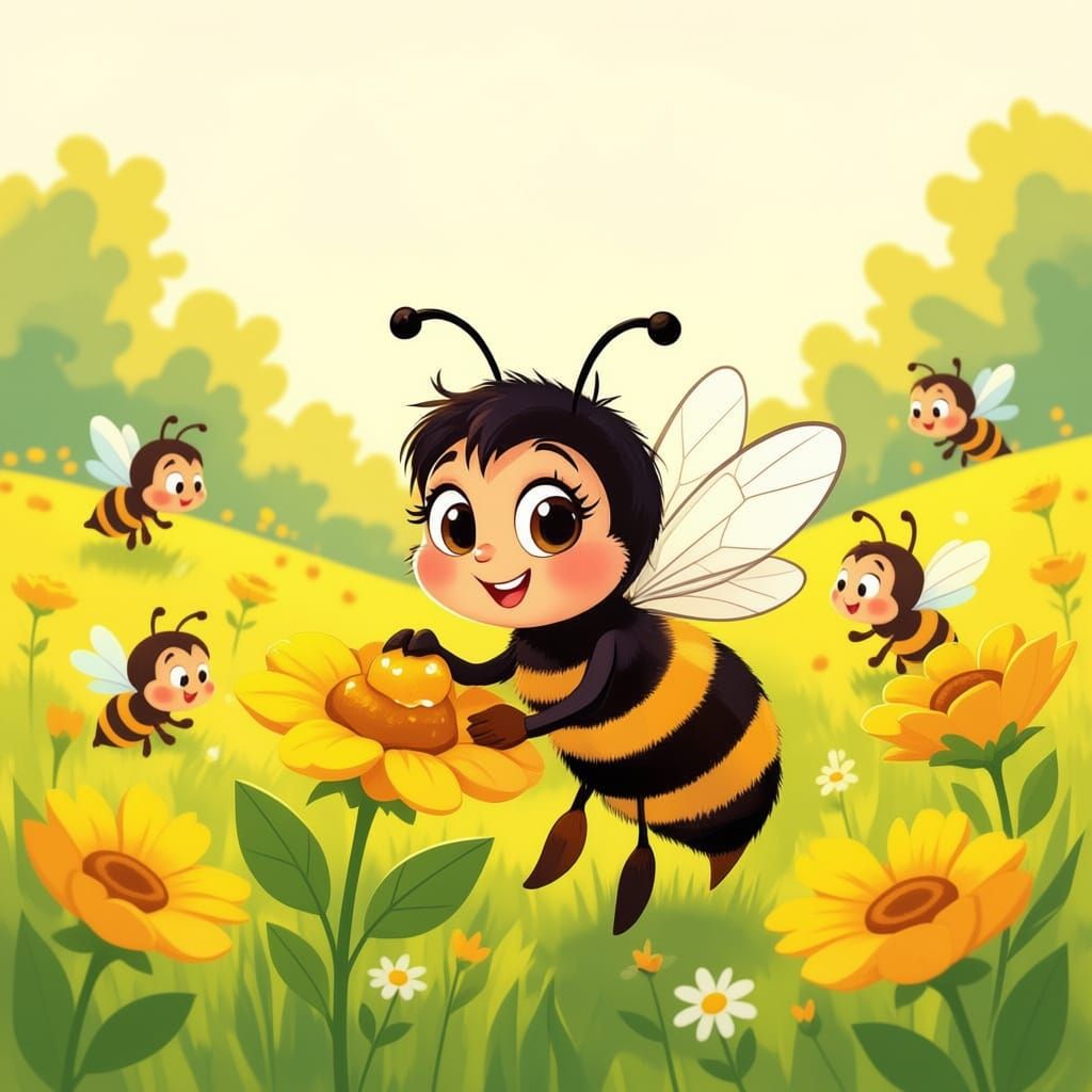 Cartoon Bees Collect Honey in Golden Meadow