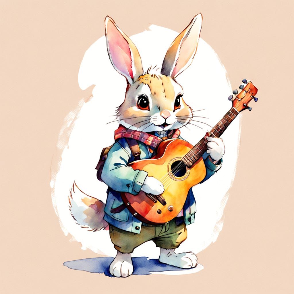 Cartoon Rabbit Rocks Out in Watercolor Delight