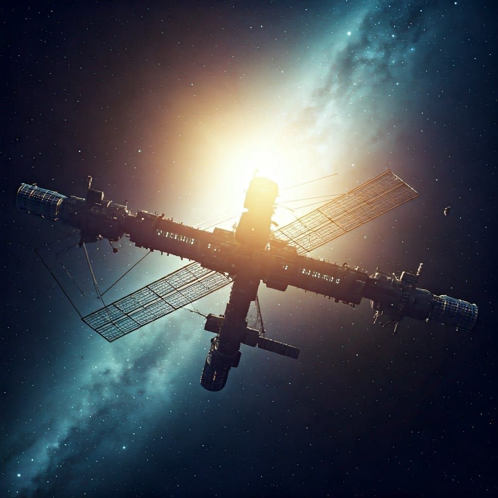 a vivid and imaginative description of a series of spacecraft artworks, capturing breathtaking views of a space station ...