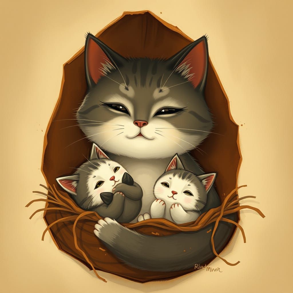Motherly Felis Protects Her Kittens in a Cozy Haystack