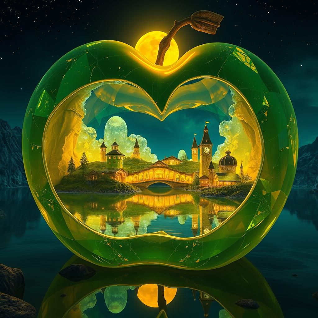 Crystal Apple Village Under Yellow Moon: Fantasy Art