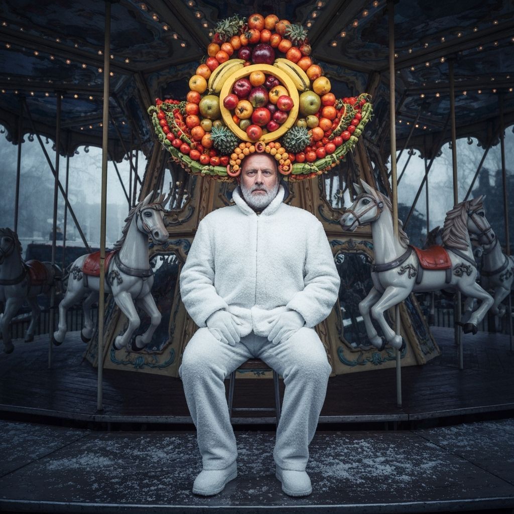 Surreal Man in Fruit Headpiece on Carousel