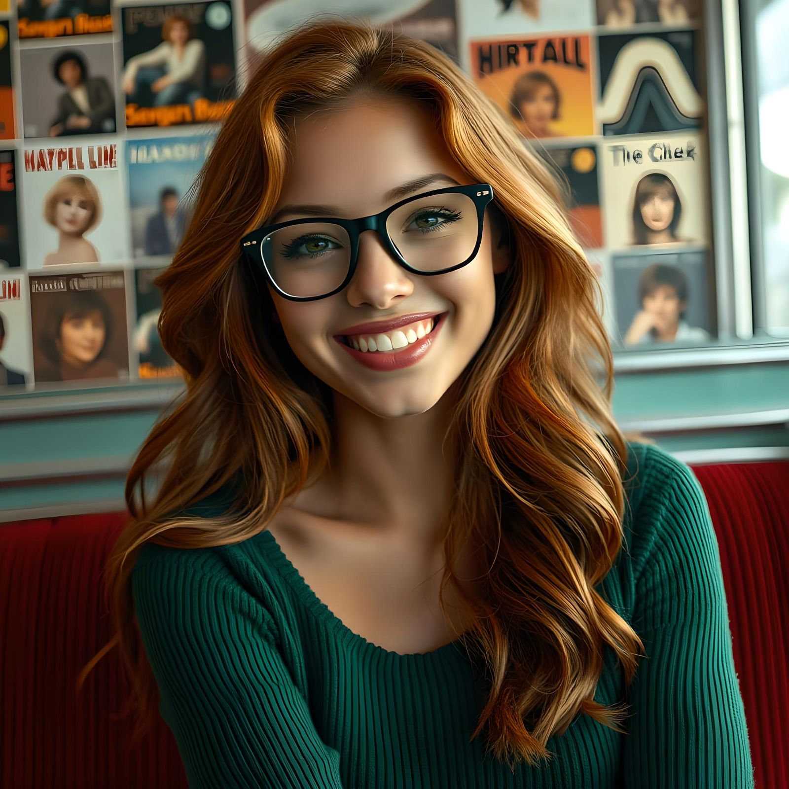 Young Woman in Diner: Hyperrealistic Photographic Portrait