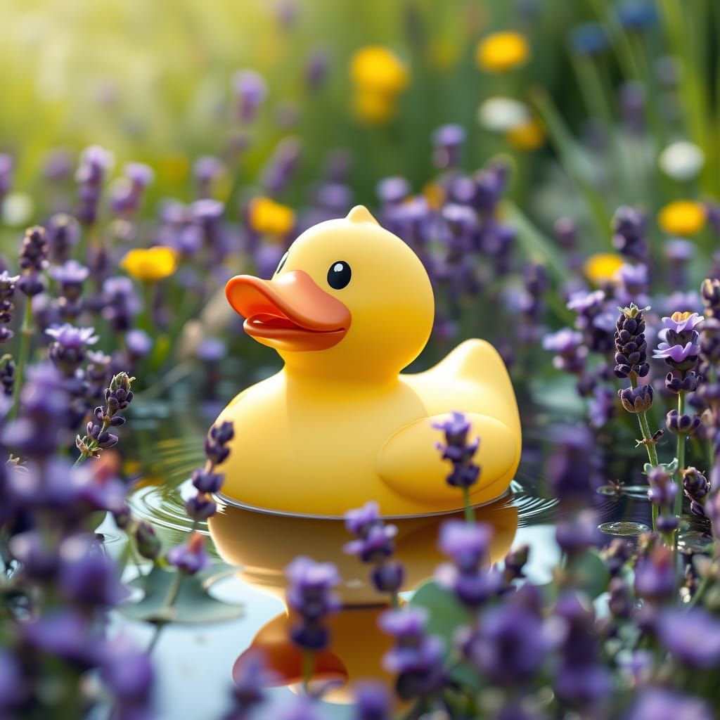 Cute Rubber Duck in a Lavender Pond
