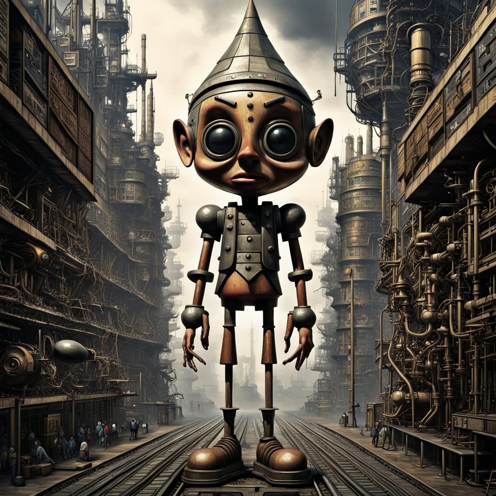 Industrial Pinocchio Demigod in Surreal Sci-Fi Style