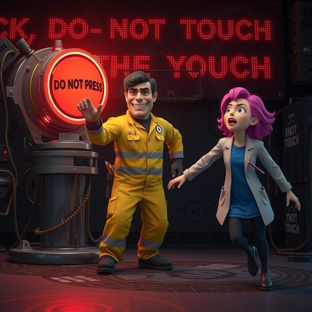 Bob, donning a devious smile and a vibrant, high-visibility yellow jumpsuit, is suspended in a state of anticipation, hi...