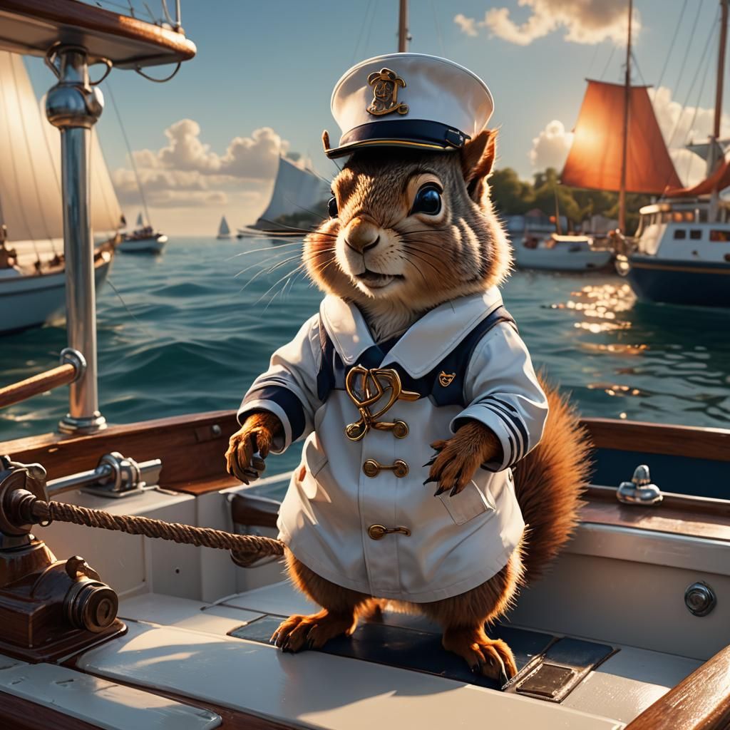 Squirrel in Sailor Suit on Boat: 3D Render