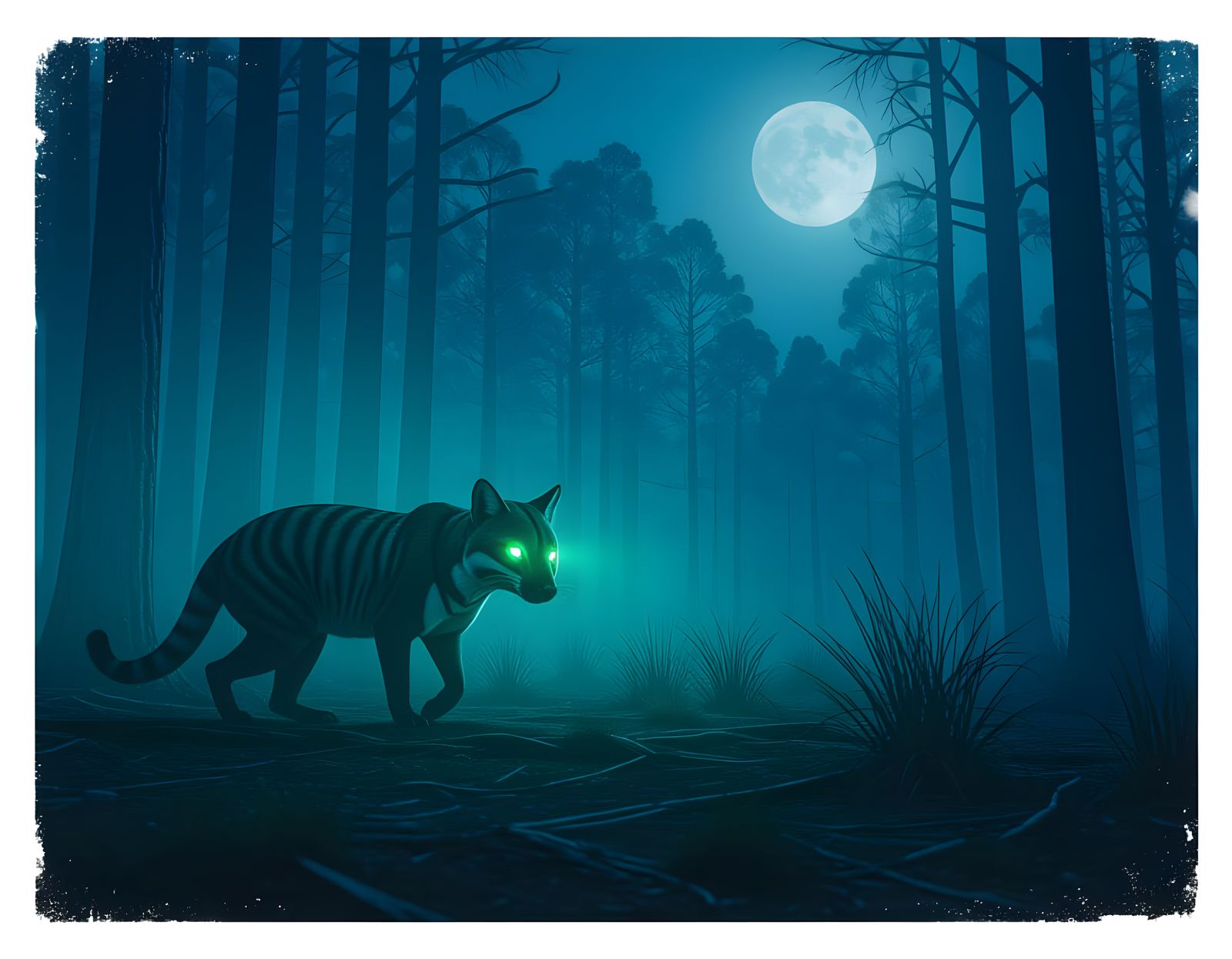 Tasmanian Tiger Stalks Moonlit Forest in Cinematic Style