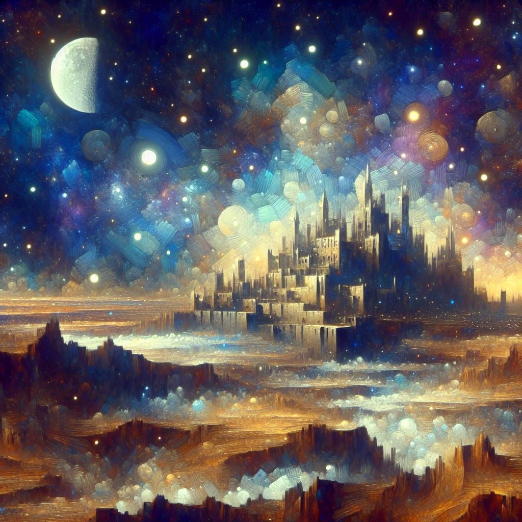Desert Fortress Under Starry Sky in Gouache Style