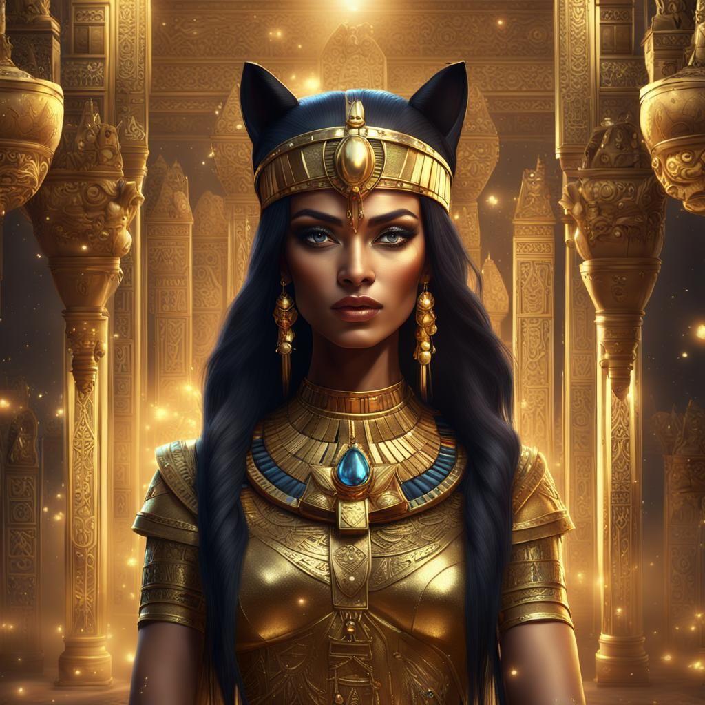 Egyptian Cat Goddess with Golden Headdress