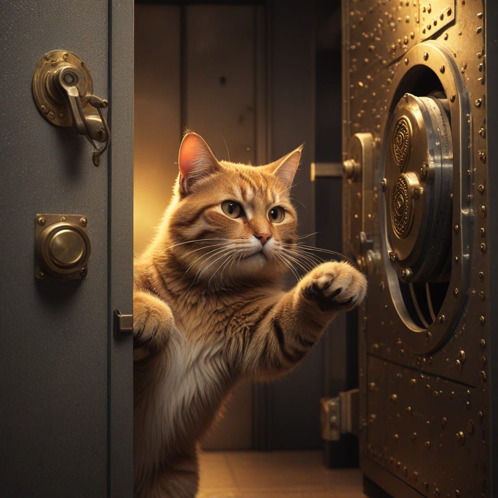 Anthropomorphic Cat Burglar Breaking into Bank Vault