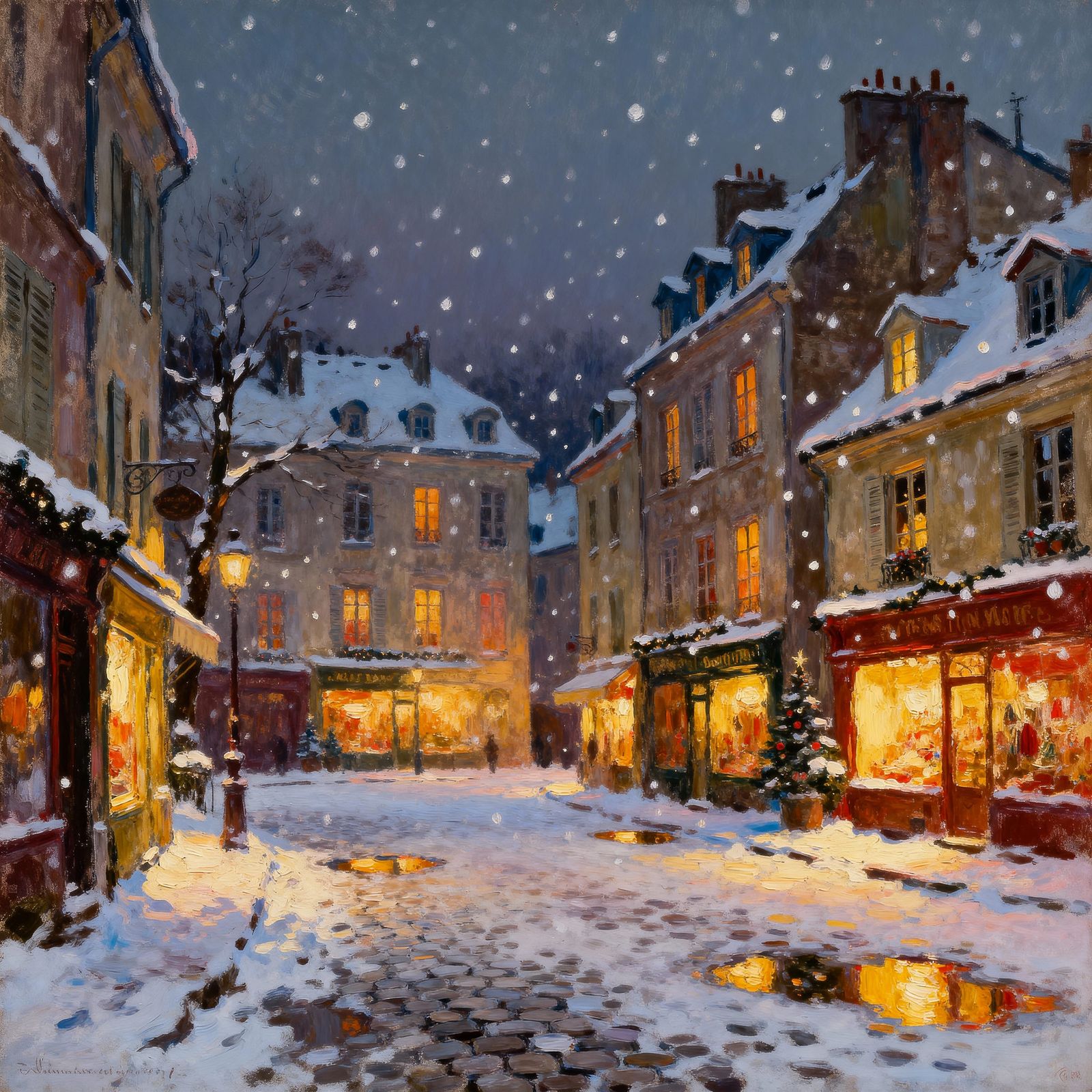 Christmas Eve Snowfall in Old-World Town Square