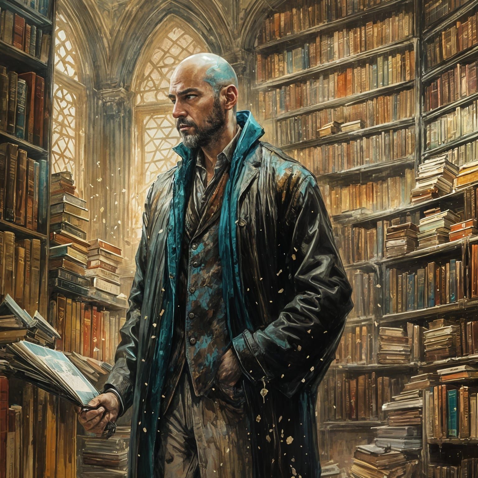 Bald Wizard in Magical Library as Fine Art Speedpaint