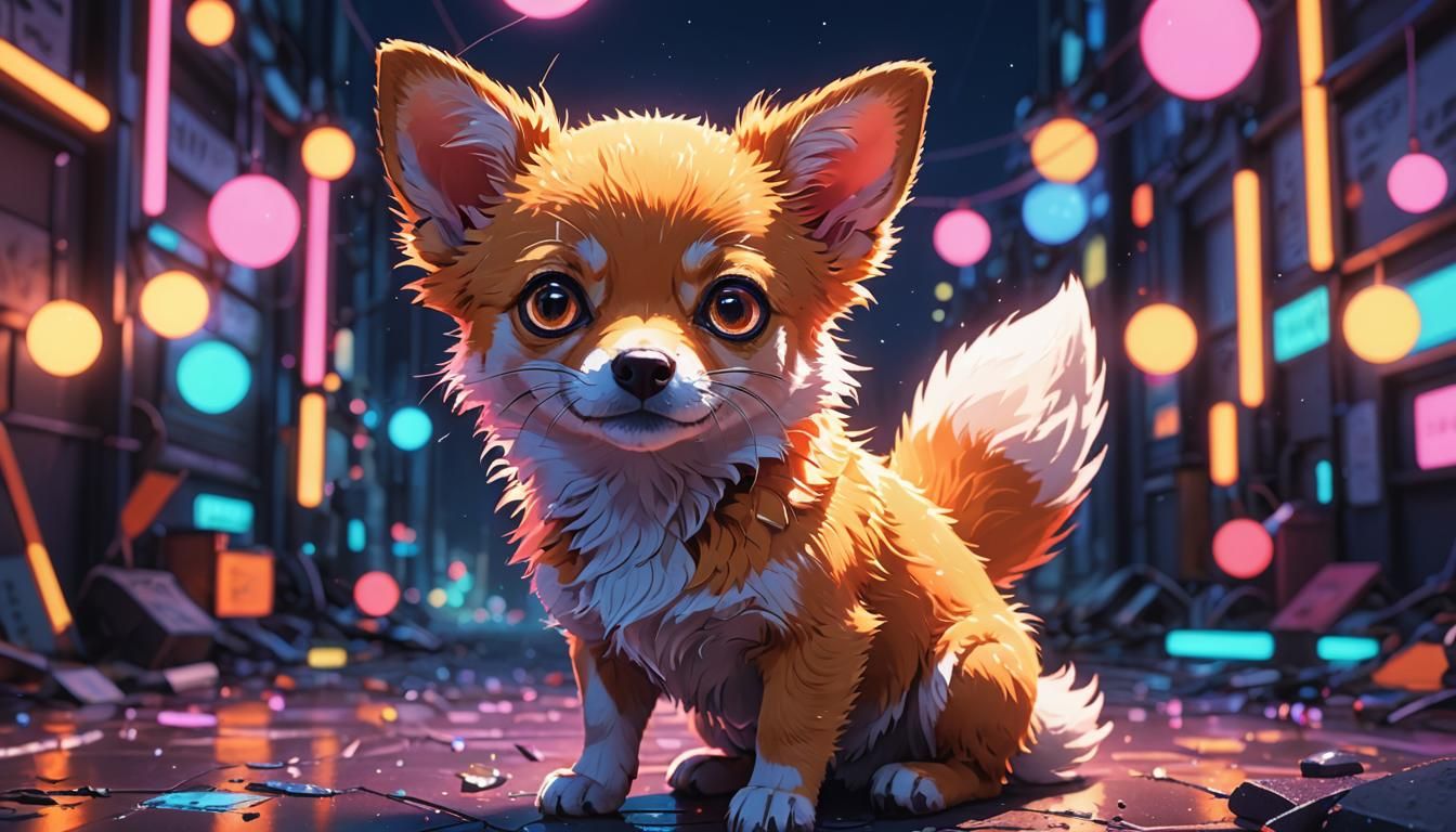 Cute Fox Chihuahua Hybrid in Synthwave Anime Style