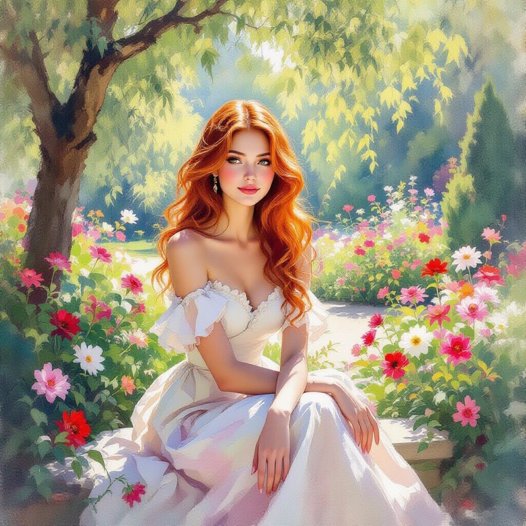 Girl in Lush Garden Watercolor Portrait