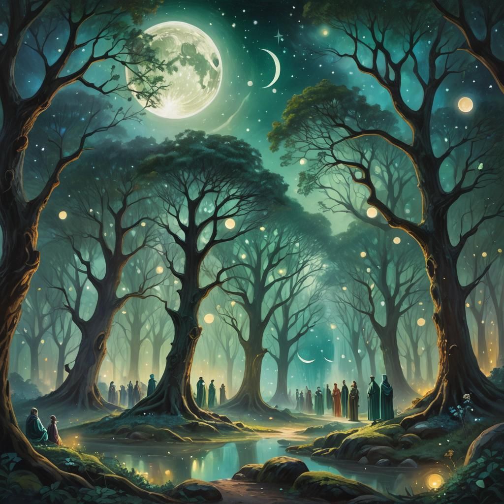 Mystical Forest Moon Ritual in a Dreamlike Painting