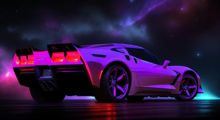 Flaming Corvette Stingray Drifting Through Cosmic Nebula