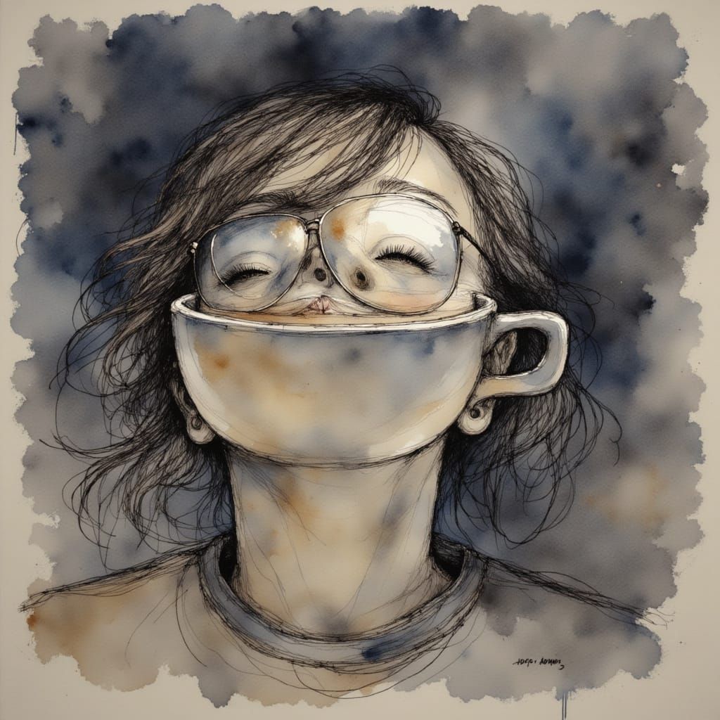 Coffeehouse Fashion Sketch with Nostalgic Watercolor Texture...