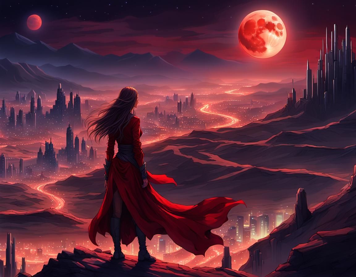 Red Moon Over Desert City: Digital Fantasy Art