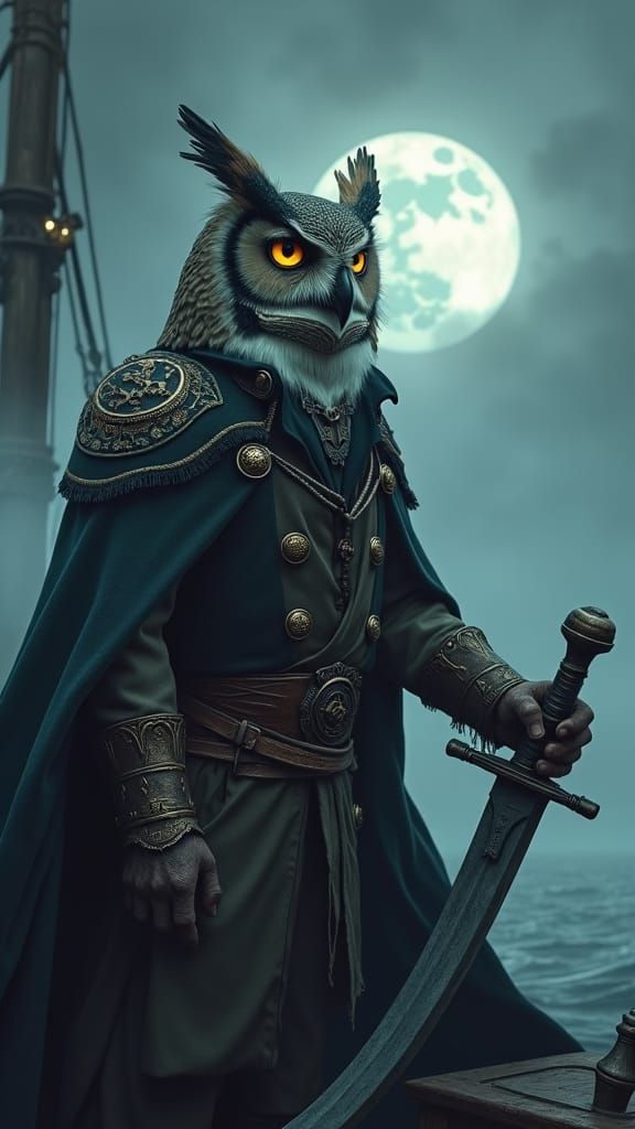 Owl Pirate Captain Navigating Foggy Seas