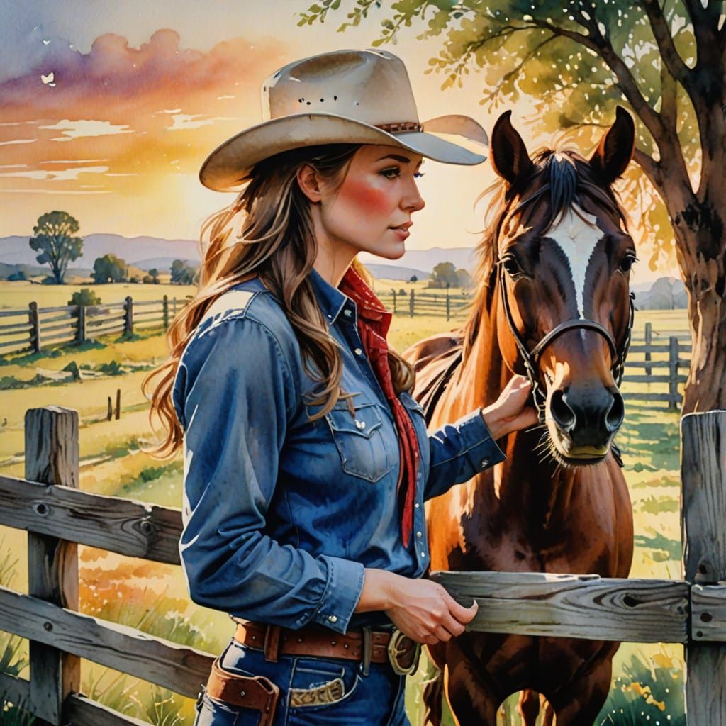 Cowgirl and Horse at Fence in Watercolor Style