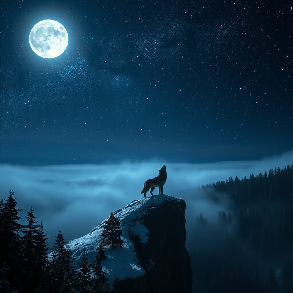 Lone Wolf Howling Under Full Moon and Stars