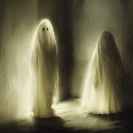 Sad White Ghosts in Dark Room, as Oil Painting