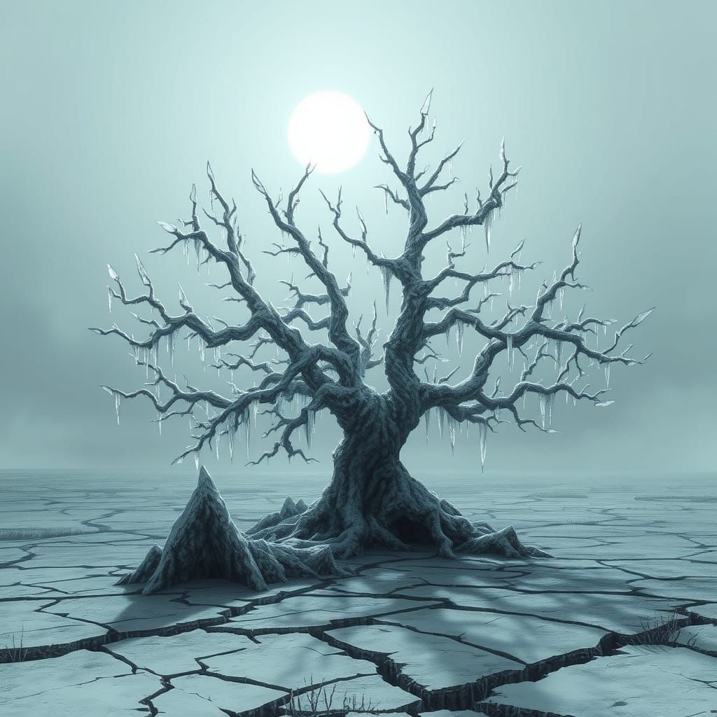 Gnarled Ice Tree in Dystopian Frozen Wasteland