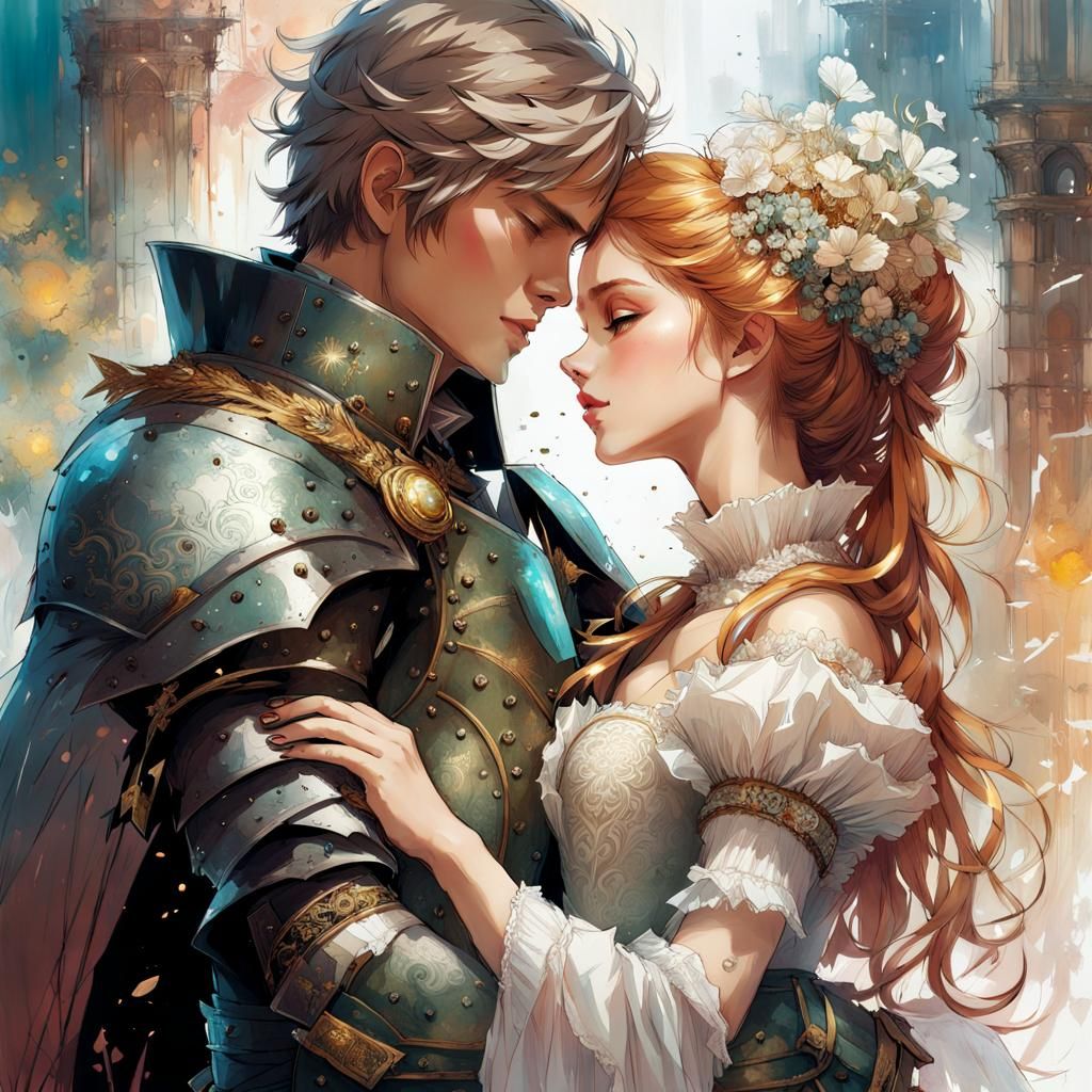Victorian Knight and Princess Embrace, Manga Portrait