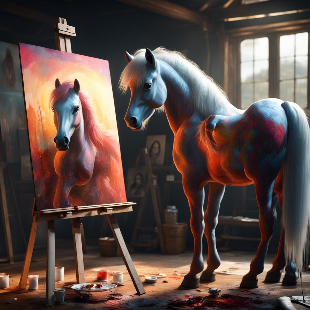 Hyperrealist Pony Looks at Self-Portrait on Easel