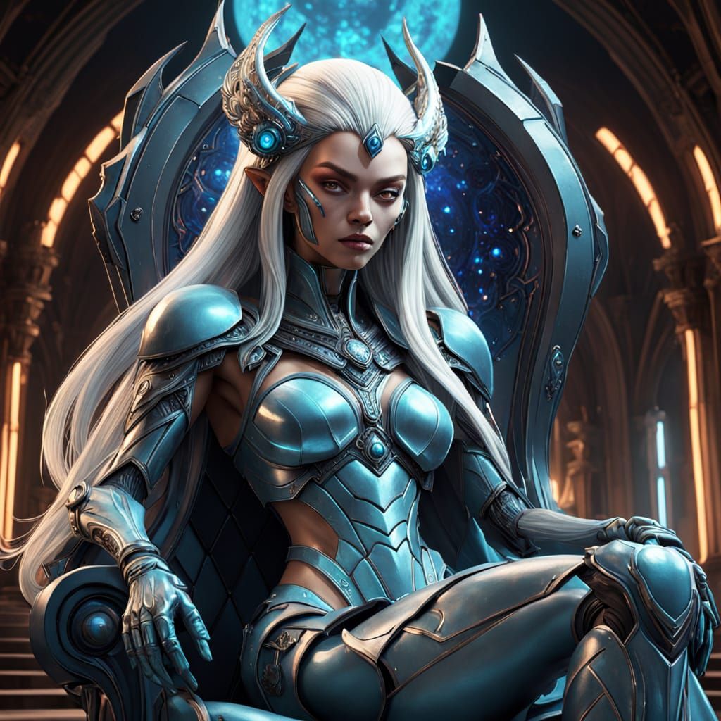 Alien Queen on Crystal Throne in Art Nouveau Style