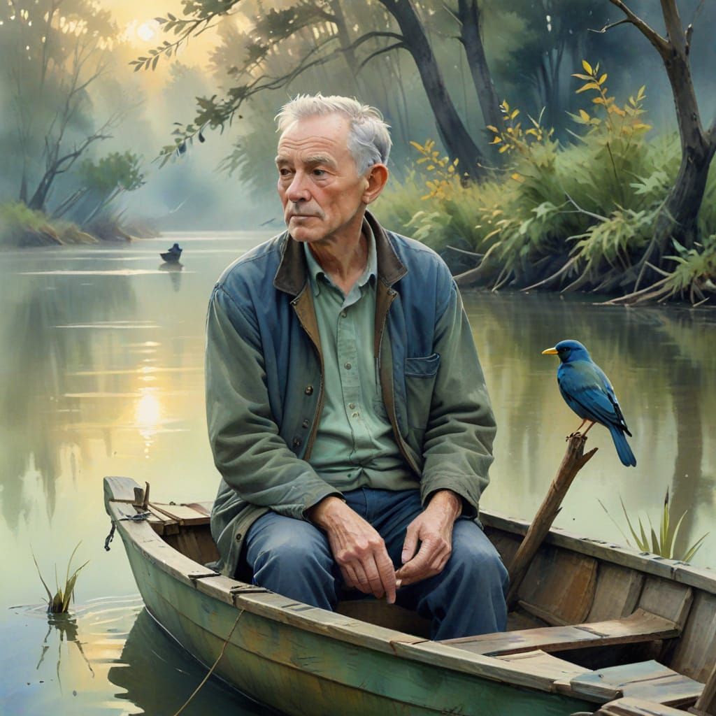 Serene Waters: Elderly Man in Boat, Watercolor Style