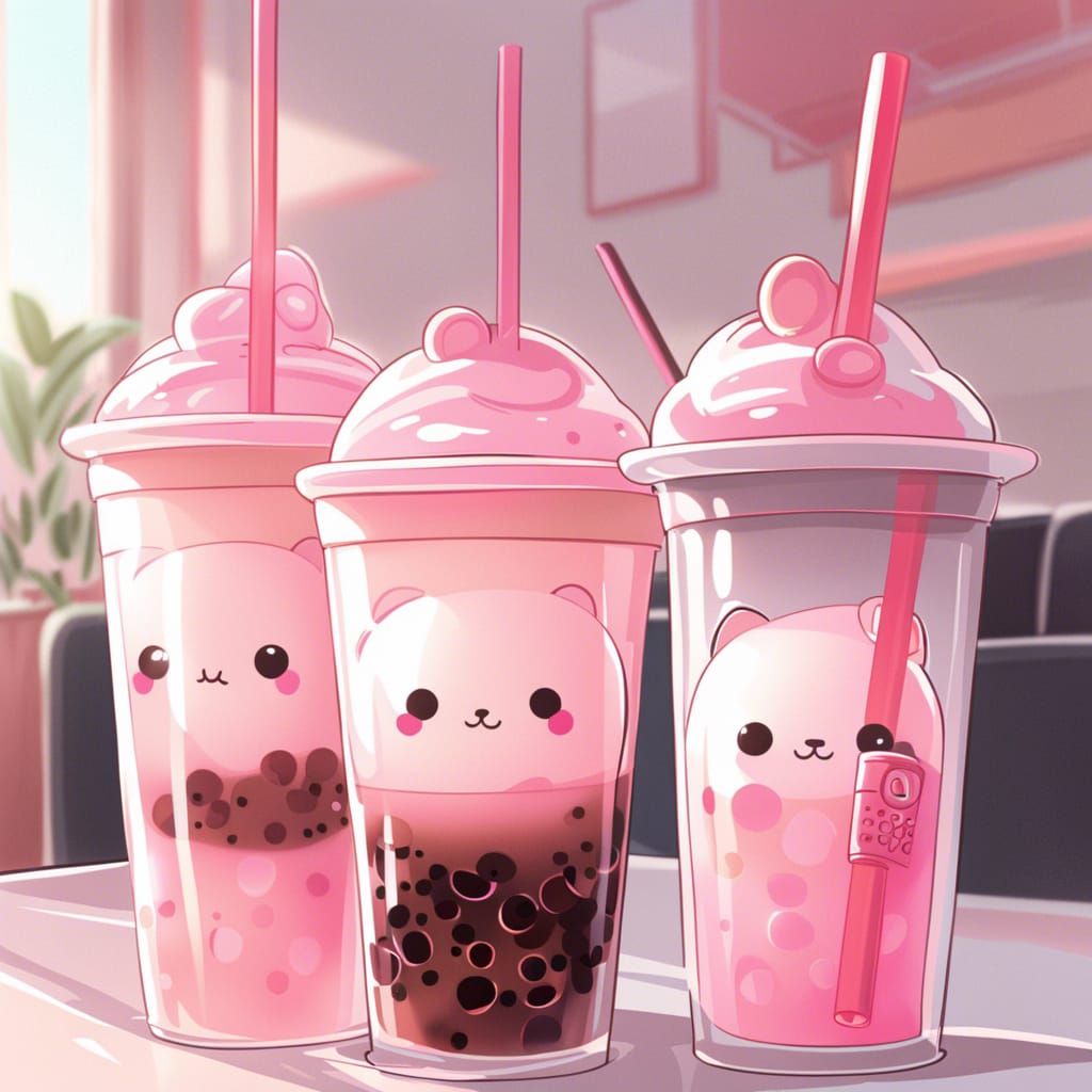 Pink Bubble Tea in Anime Key Visual Style