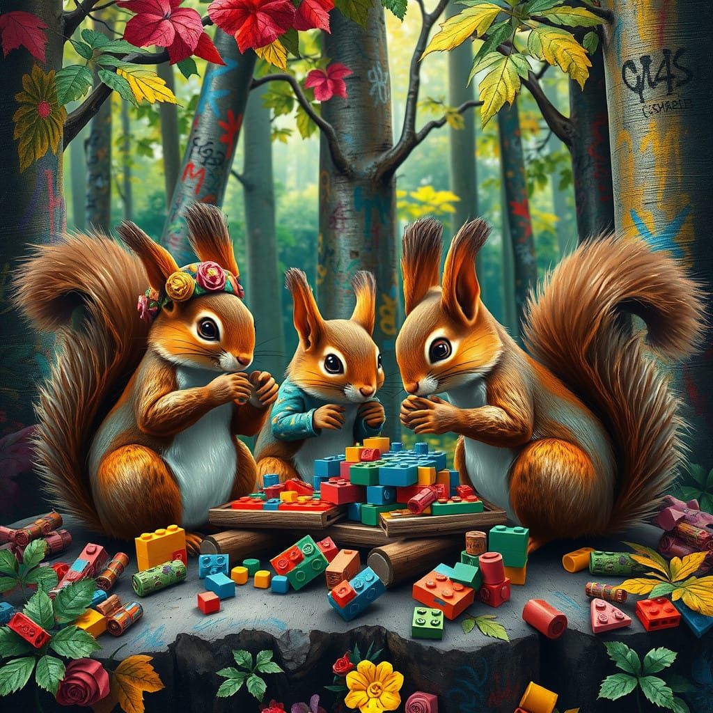 Vibrant Squirrels Unite Street Art and Whimsy in Forest Lego...