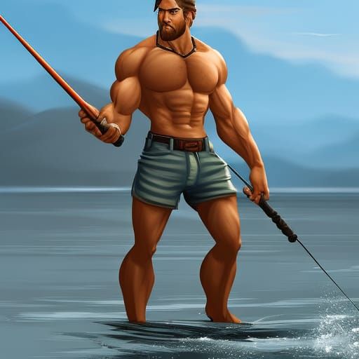 mature masculine hirsute male fishing wearing shorts, trending on artstation, soft focus, impressionist style