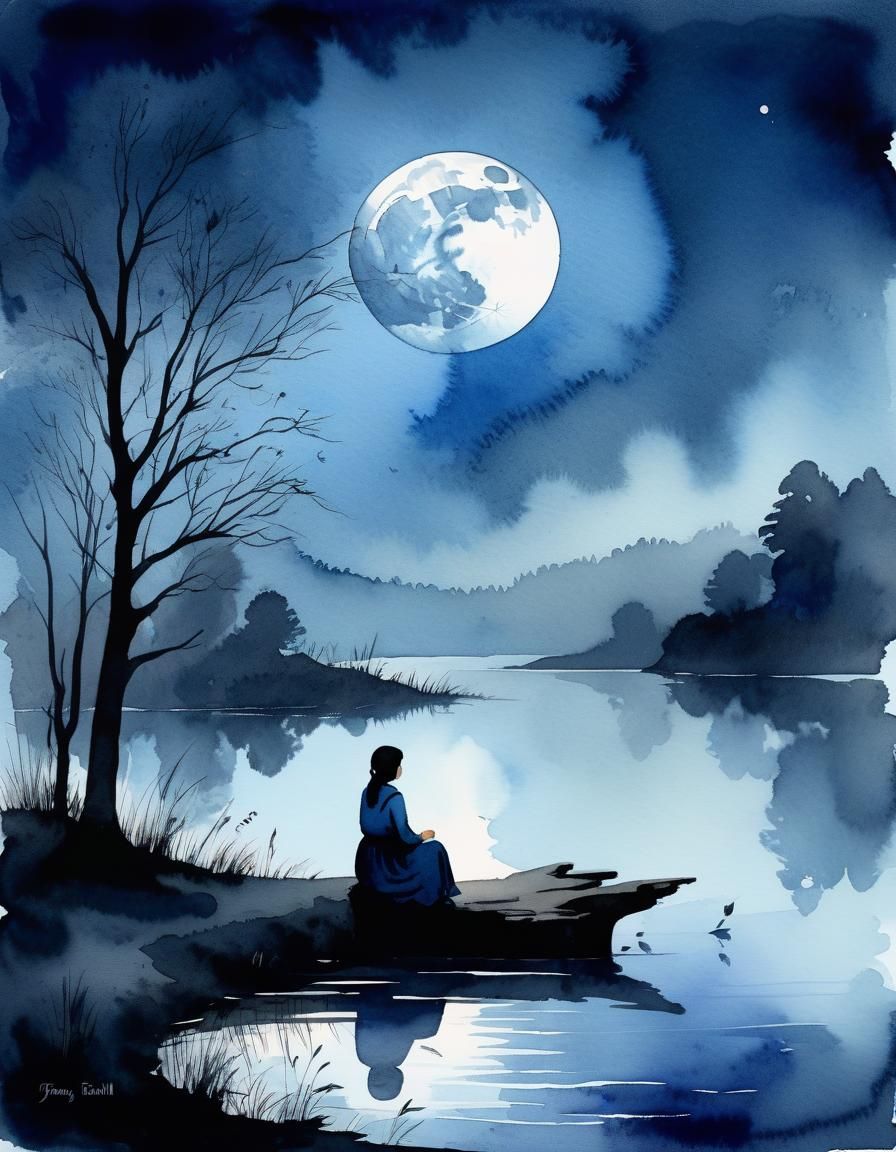 Woman by Misty Lake Under Blue Moon in Watercolour