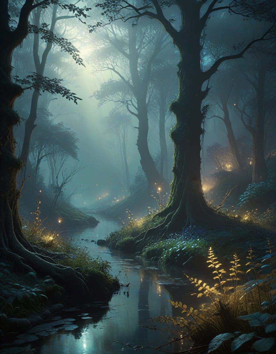 Ethereal Forest Dusk in Magical Realism Style