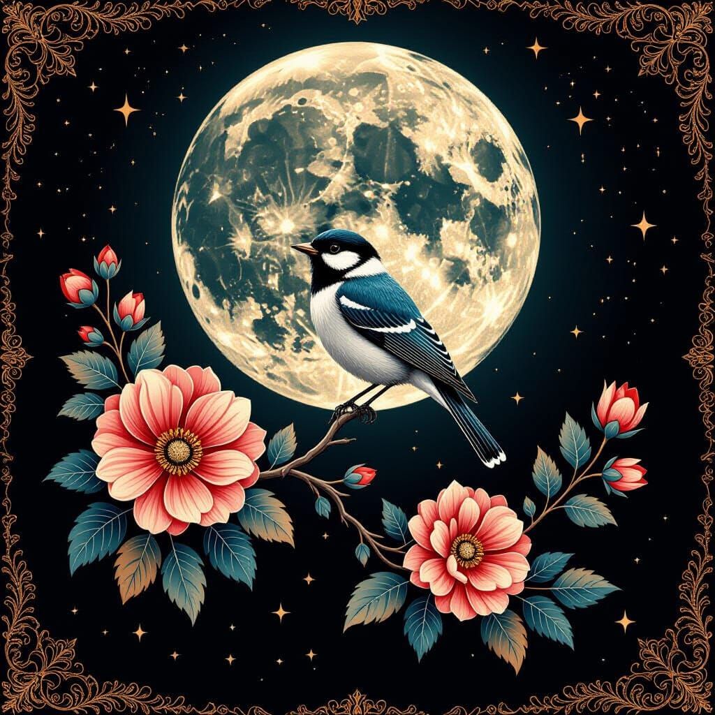 Bird on Moonlit Branch in Intricate Floral Fantasy Style