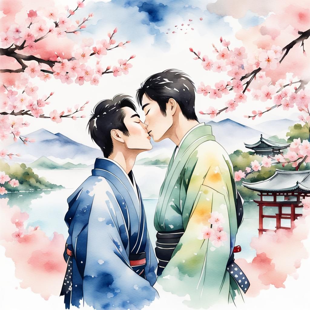 Gay Couple Kissing Under Sakura in Watercolor Style