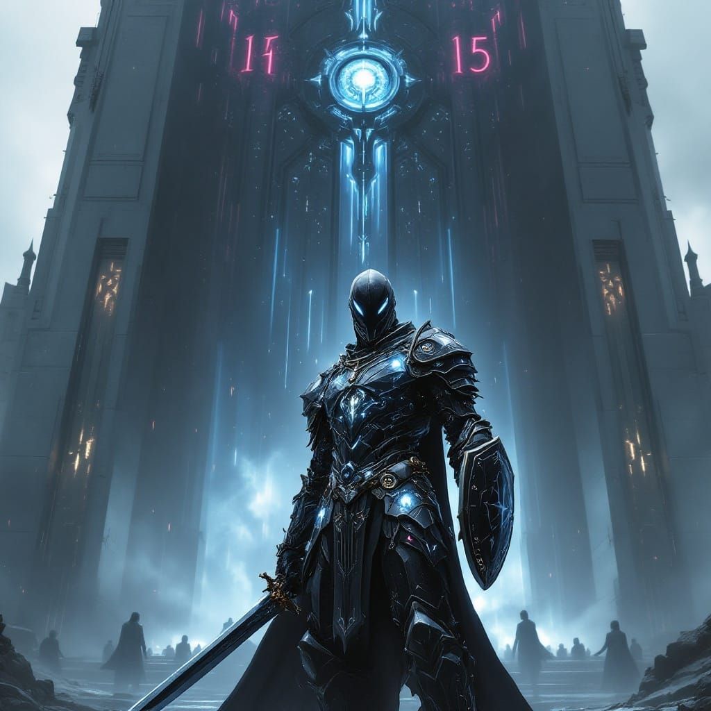 Steampunk Knight with Glowing Runes and Obsidian Fortress