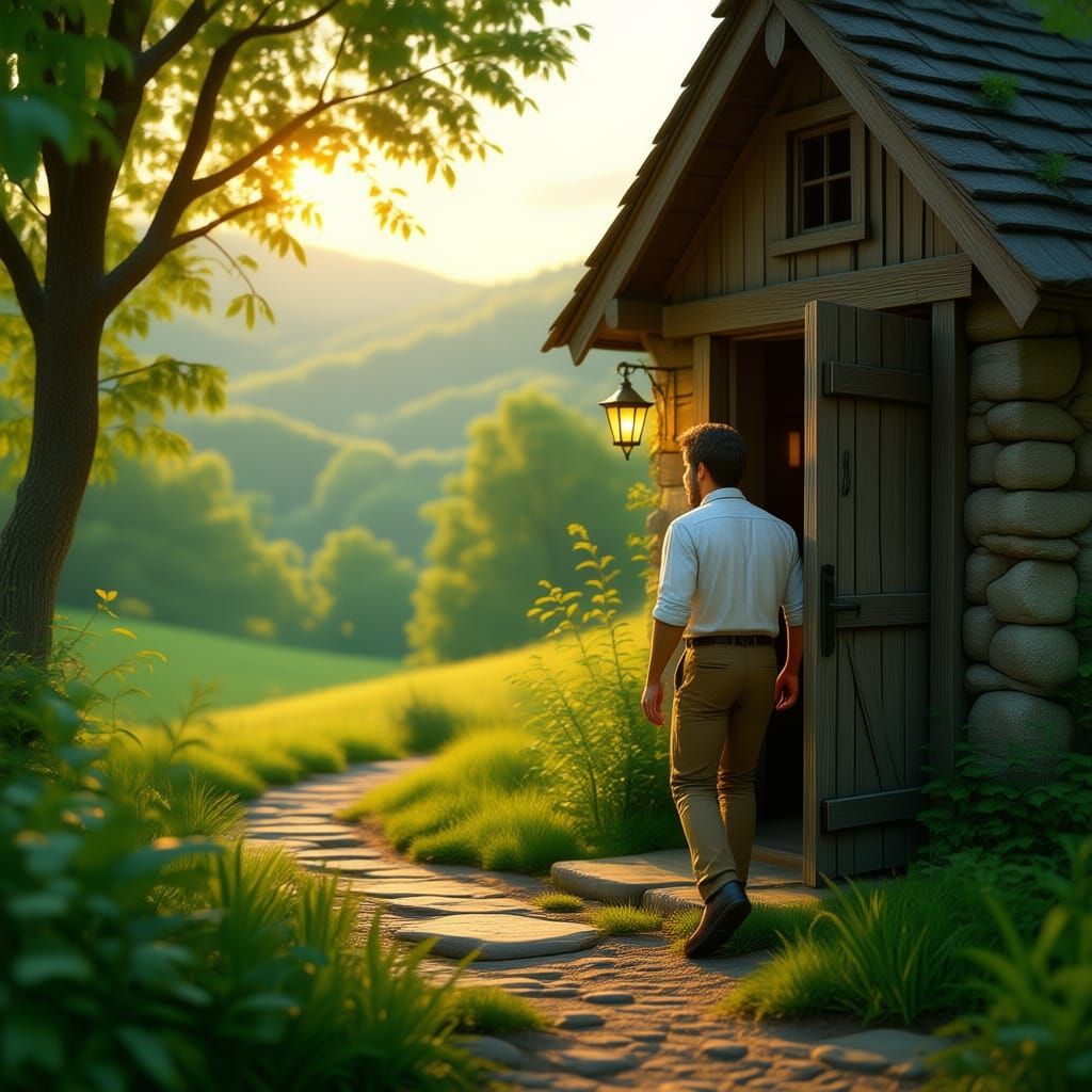 Man Exits Cottage into Vibrant, Alive Glen