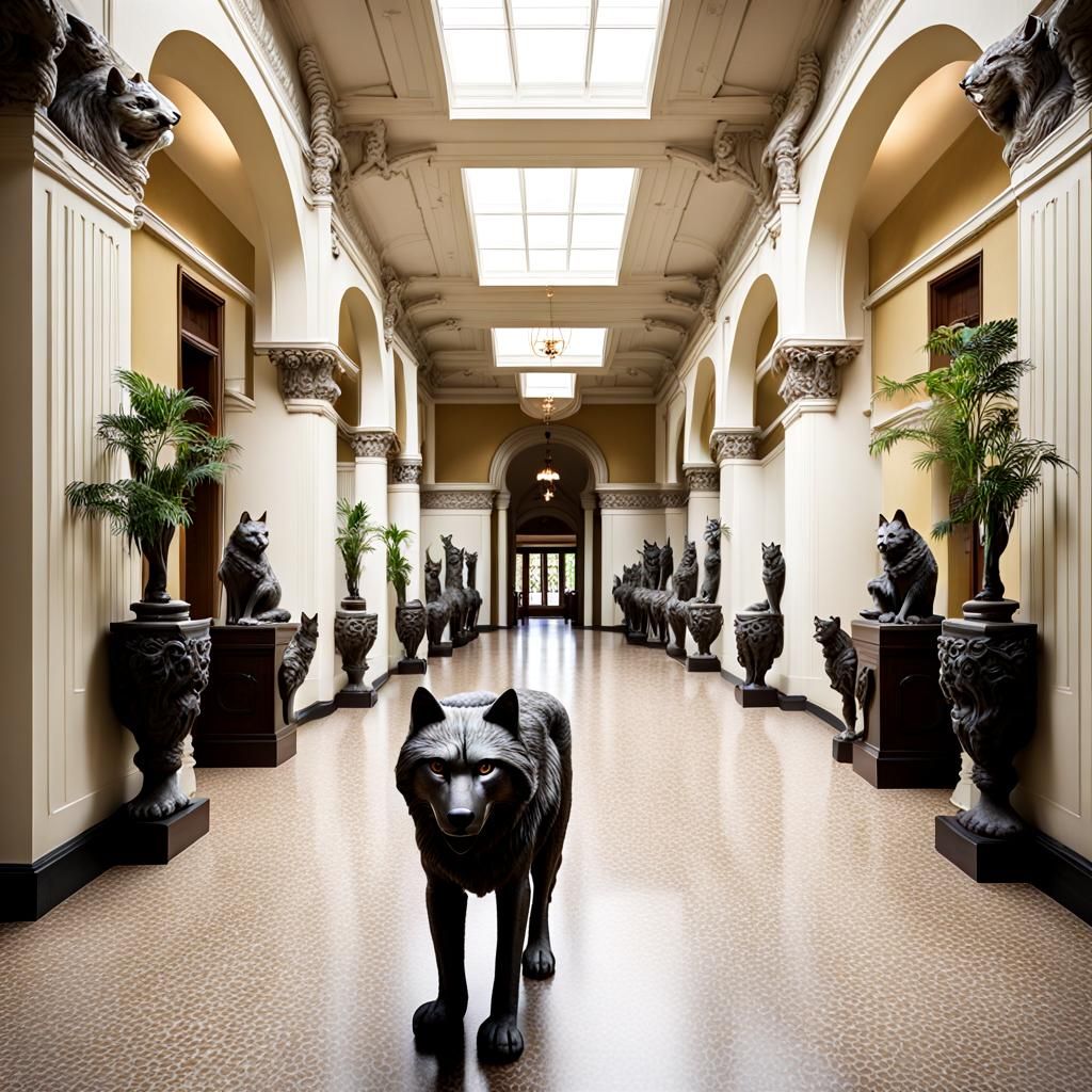 Hallway with Jungle Cat and Wolf Statues