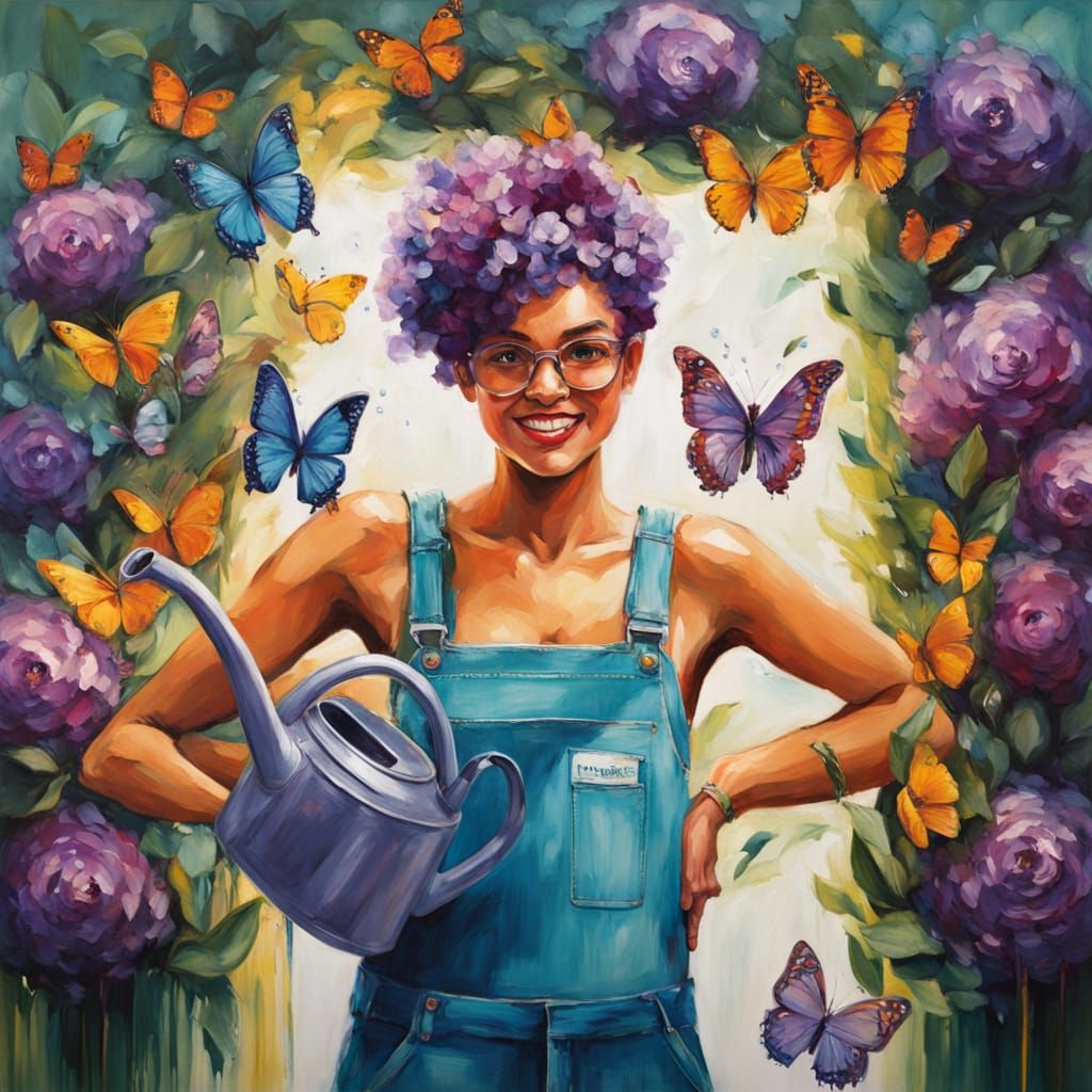 Woman in Futuristic Flower Shop as Impressionist Art