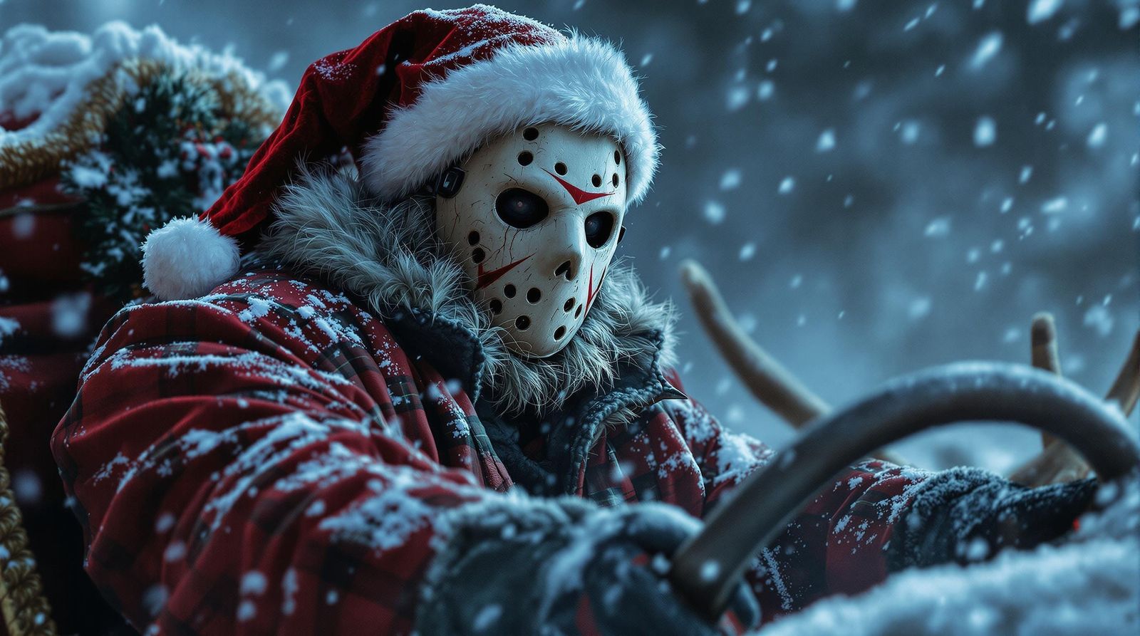 Jason Vorhees in Santa's Sleigh on a Snowy Day Closeup Portr...